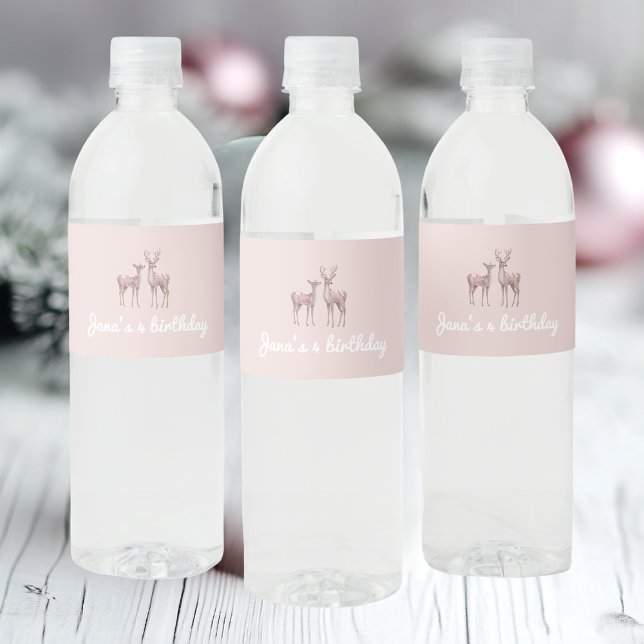 Winter Wonderland Birthday Pink And Deer Water Bottle Label (Creator Uploaded)