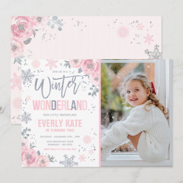 Winter Wonderland Birthday Silver Pink Snowflake Invitation (Front/Back)