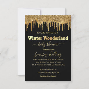 winter wonderland black gold glitters baby shower invitation