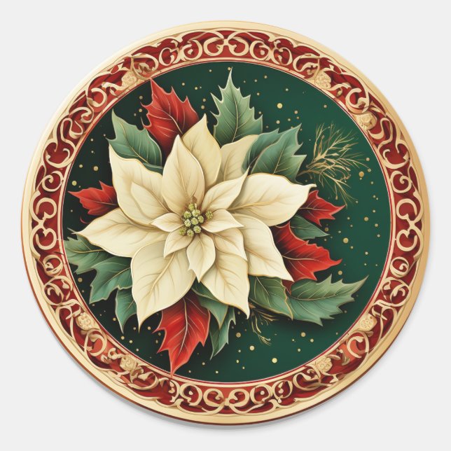 Winter Wonderland Blooms-Poinsettia Classic Round Sticker (Front)