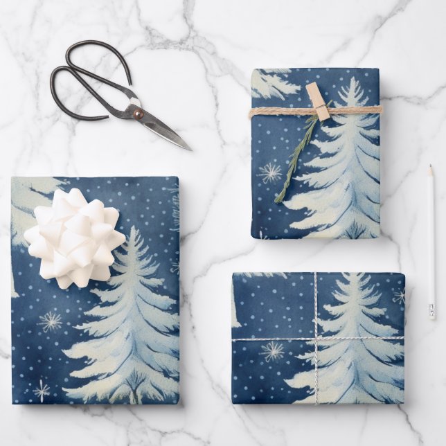Winter Wonderland: Blue and White Christmas Tree Wrapping Paper Sheet (Front)