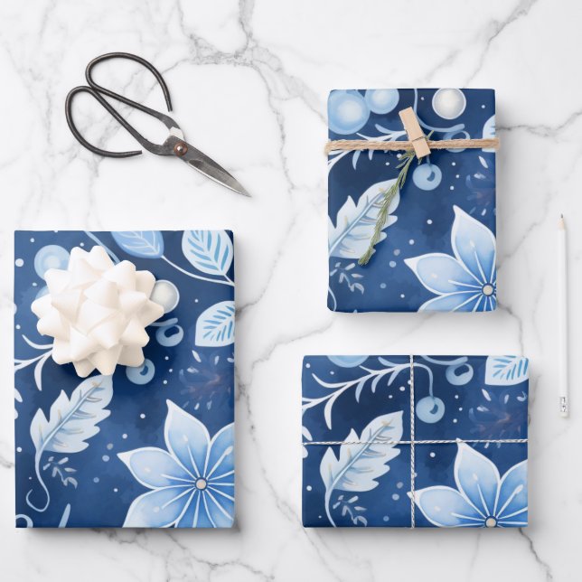 Winter Wonderland: Blue and White Christmas Tree Wrapping Paper Sheet (Front)