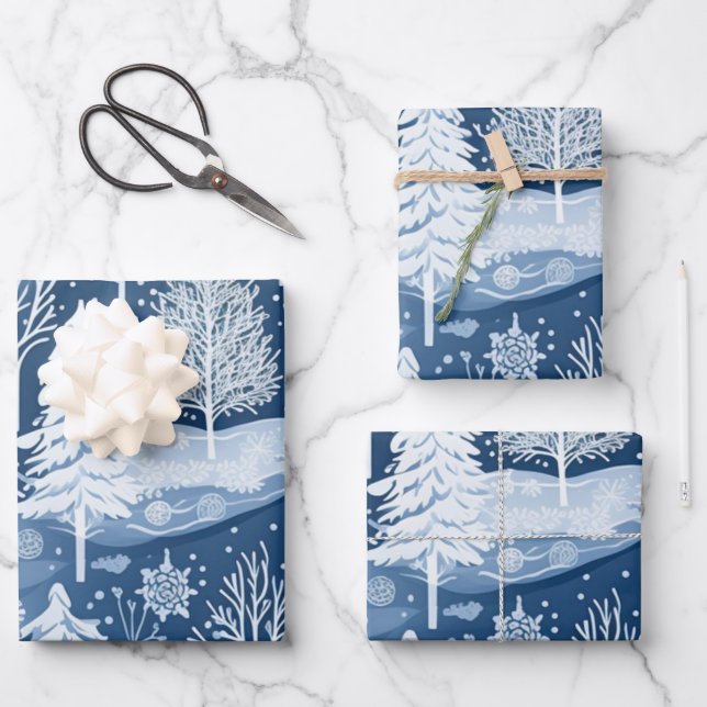 Winter Wonderland: Blue and White Christmas Tree Wrapping Paper Sheet (Front)