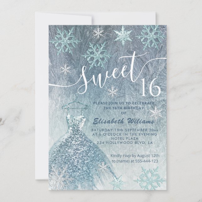 Winter wonderland blue dress glittery ombre invita invitation (Front)