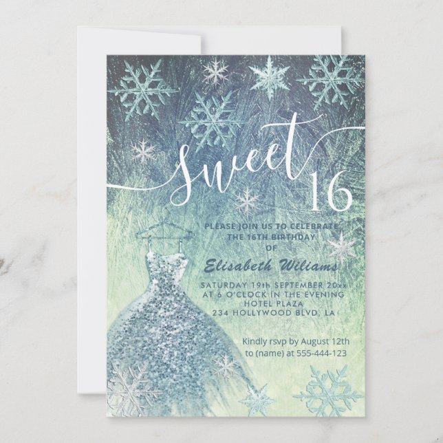 Winter wonderland blue dress glittery ombre invitation (Front)
