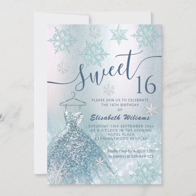 Winter wonderland blue dress glittery ombre invitation (Front)