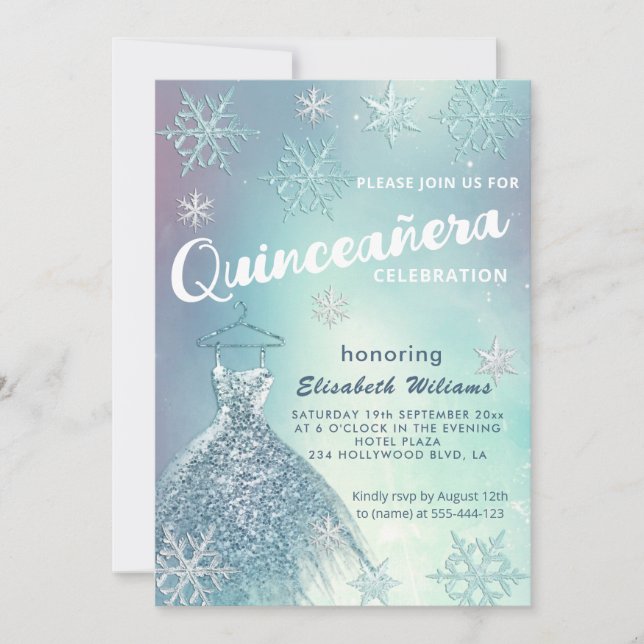 Winter wonderland blue dress glittery Quinceañera  Invitation (Front)