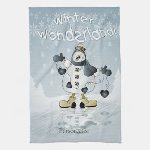 Winter Wonderland Blue Heart Snowmen Tea Towel
