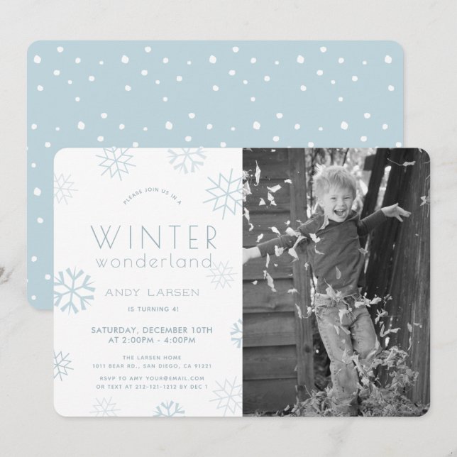 Winter Wonderland Blue Photo Birthday Invitation (Front/Back)