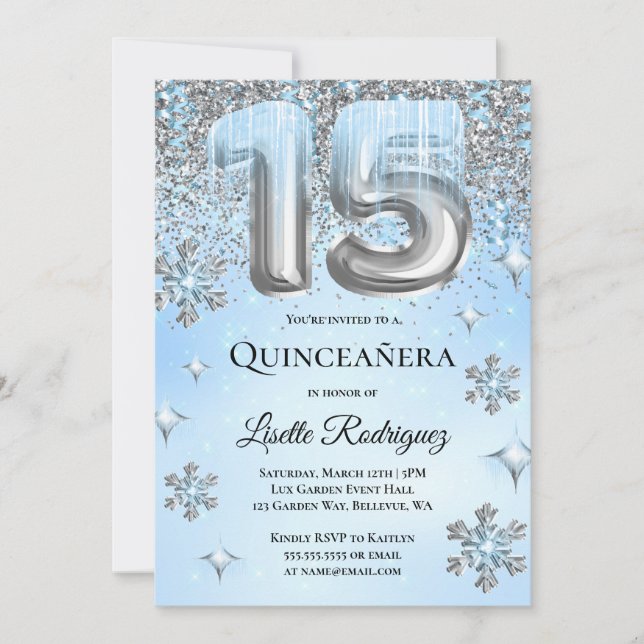 Winter Wonderland Blue Silver Balloons Quinceanera Invitation (Front)