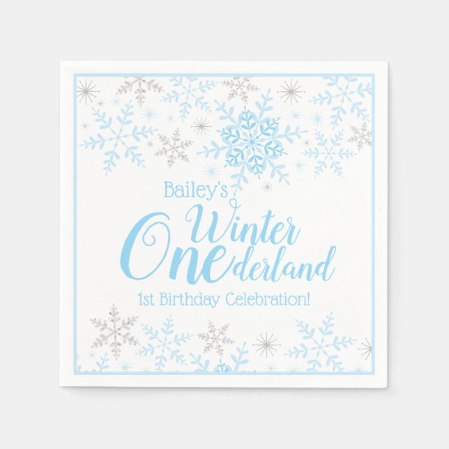 Winter Wonderland Blue Silver Glitter 1st Birthday Napkin (Front)