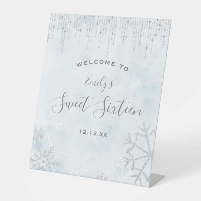Winter Wonderland Blue Silver Snow Ice Sweet 16 Pedestal Sign (Front)