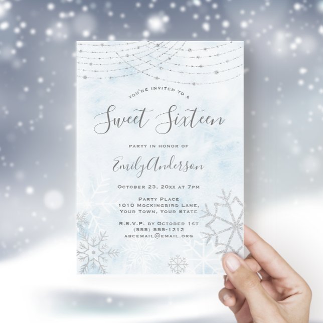 Winter Wonderland Blue Silver Snowflake Sweet 16 Invitation (Creator Uploaded)