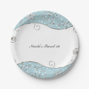 Winter Wonderland Blue & Silver Swirls Snowflakes Paper Plate