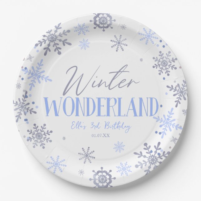 Winter Wonderland Blue Snowflake Birthday Party Paper Plate (Front)