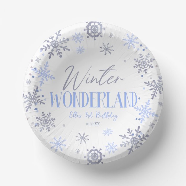 Winter Wonderland Blue Snowflake Birthday Party Paper Plate (Front)