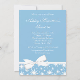 Winter Wonderland Blue Snowflake Bow Sweet 16 Invitation