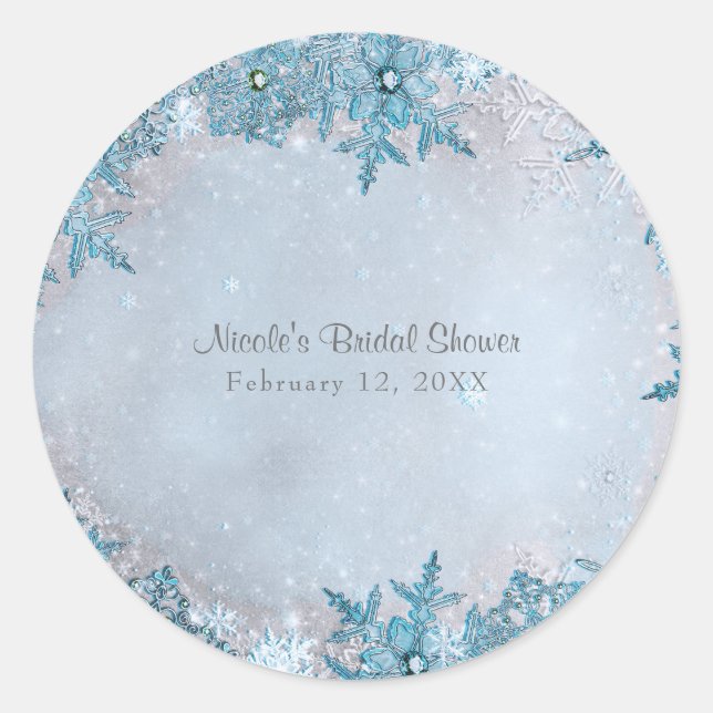 Winter Wonderland Blue Snowflakes Elegant Custom Classic Round Sticker (Front)