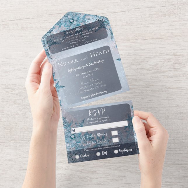 Winter Wonderland Blue Snowflakes Wedding   All In One Invitation (Tearaway)