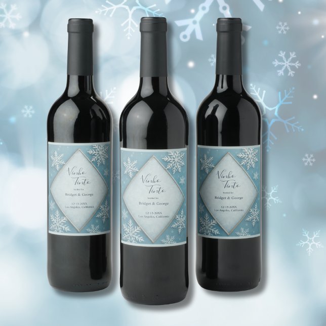 Winter Wonderland Blue Snowy Romantic wedding  Wine Label (Creator Uploaded)