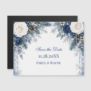Winter Wonderland Blue & White Rose Save the Date Magnetic Invitation