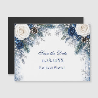 Winter Wonderland Blue & White Rose Save the Date Magnetic Invitation