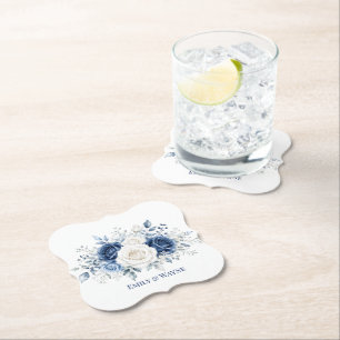 Winter Wonderland Blue & White Rose Wedding Paper Coaster