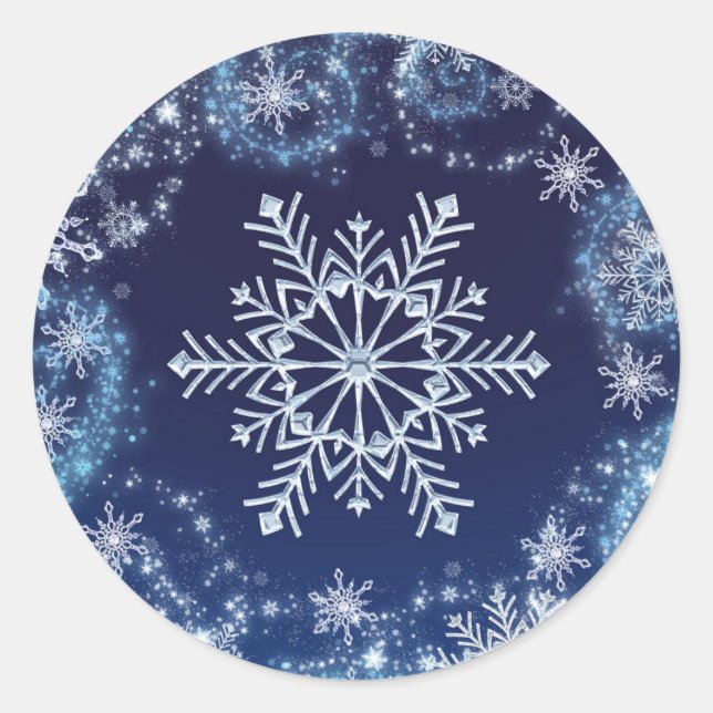 Winter Wonderland Blue & White Snowflakes Favour Classic Round Sticker (Front)
