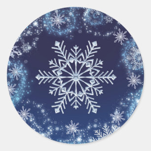 Winter Wonderland Blue & White Snowflakes Favour Classic Round Sticker