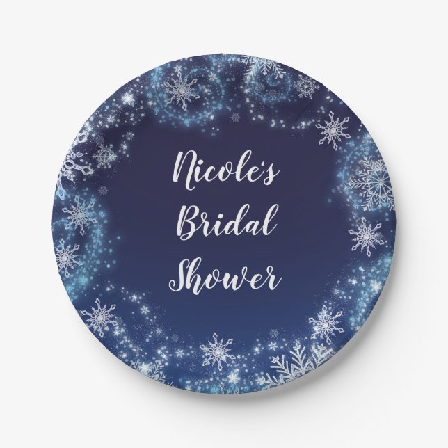 Winter Wonderland Blue & White Sparkle Snowflakes Paper Plate (Front)