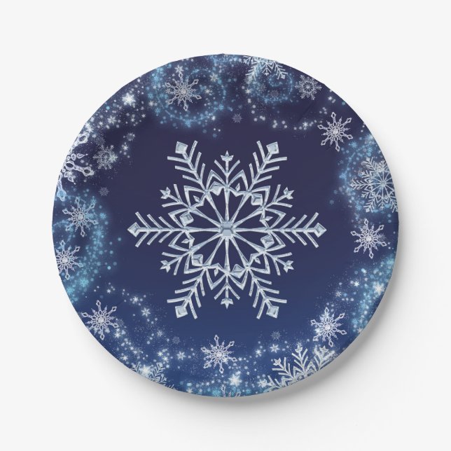 Winter Wonderland Blue & White Sparkle Snowflakes Paper Plate (Front)