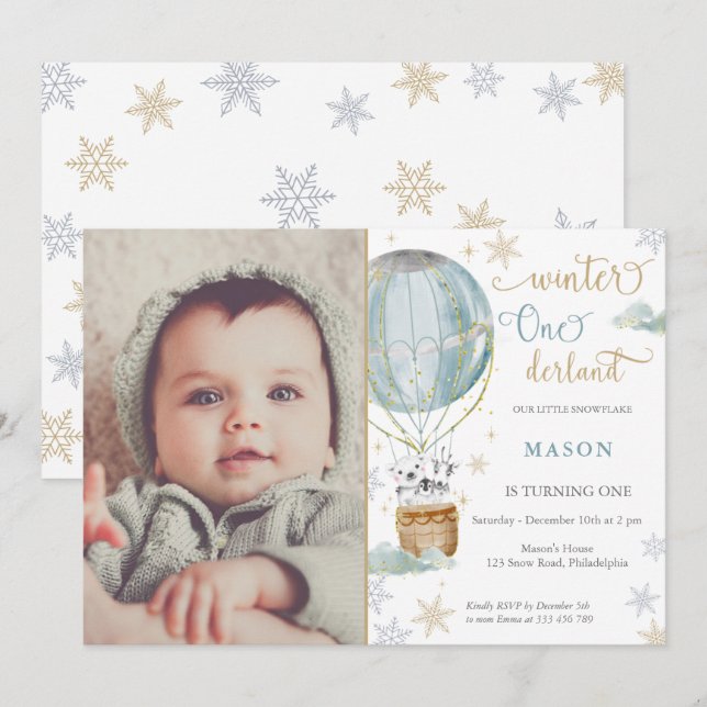 Winter Wonderland Boy first Birthday Photo Invitation (Front/Back)