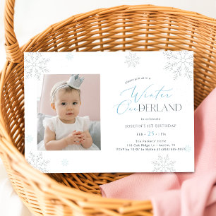 Winter Wonderland Boy Girl Photo First Birthday Invitation