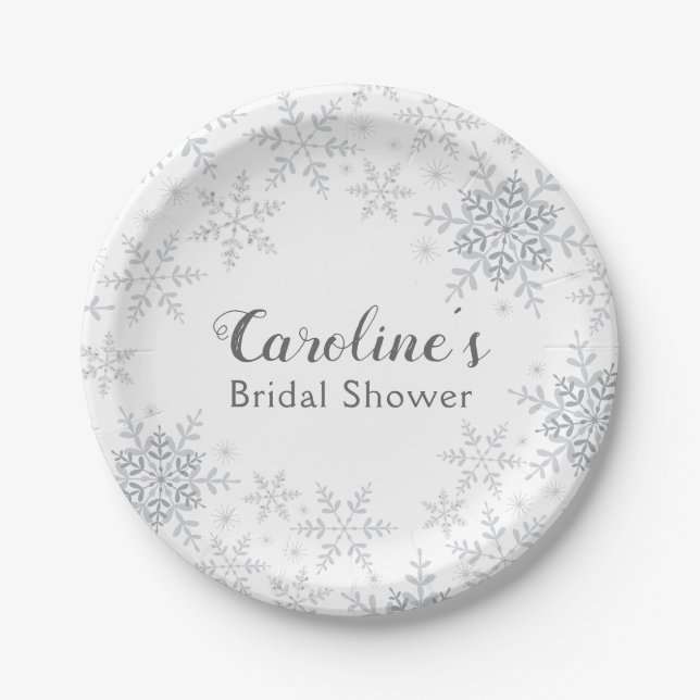 Winter Wonderland Bridal Shower Silver Snowflakes Paper Plate (Front)