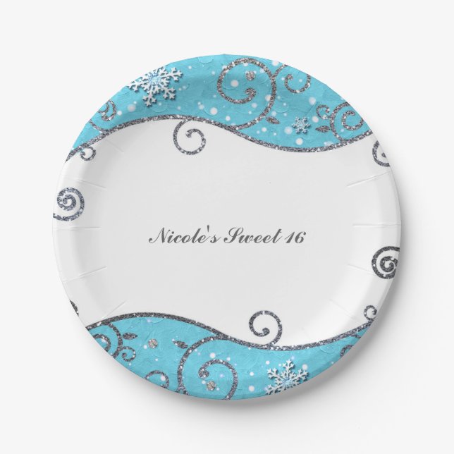 Winter Wonderland Bright Blue & Silver Swirls Paper Plate (Front)