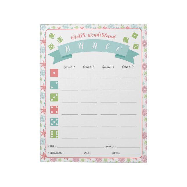 Winter Wonderland Bunco Party Game Score Card Notepad (Rotated)