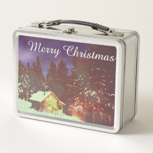 Winter Wonderland Cabin Merry Christmas Cosy Metal Lunch Box