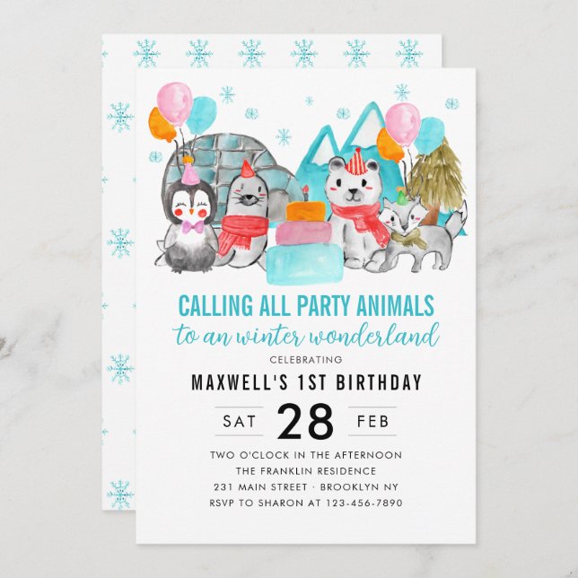 Winter Wonderland Calling Party Animals Birthday Invitation (Front/Back)