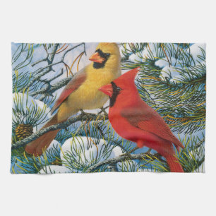 Winter Wonderland Cardinal Birds Christmas Tea Towel