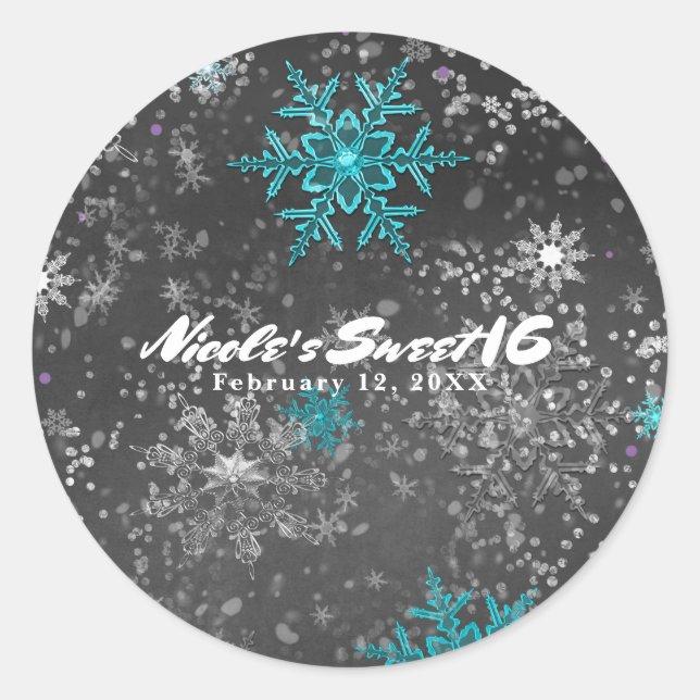 Winter Wonderland Chalk Teal & Purple Custom Party Classic Round Sticker (Front)