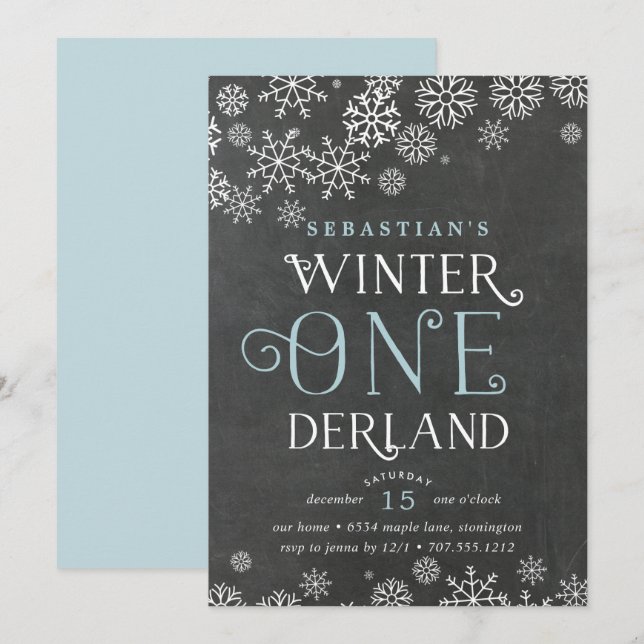 Winter Wonderland Chalkboard First Birthday Invite (Front/Back)