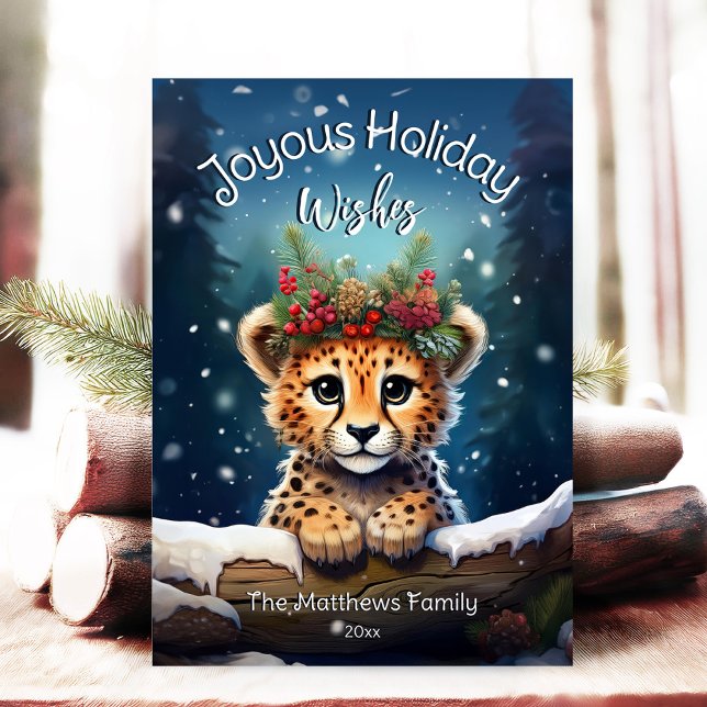 Winter Wonderland Cheetah Cub Joyous Christmas Holiday Card (Adorable Winter Snowy Scene With Peeking Dogs or Farm/Woodland Animals - Over 50 to Choose From!)