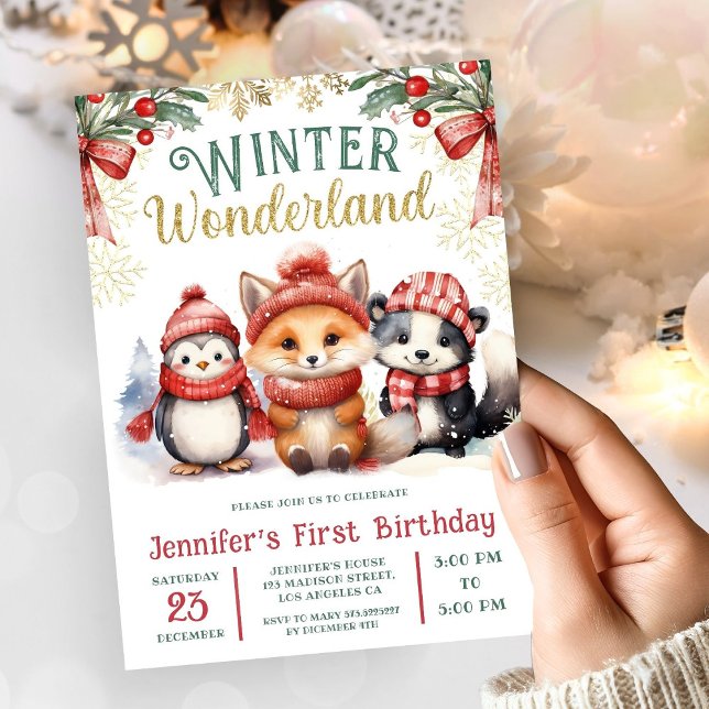 Winter Wonderland Cute Snow Animals 1st Birthday Invitation (Creator Uploaded)