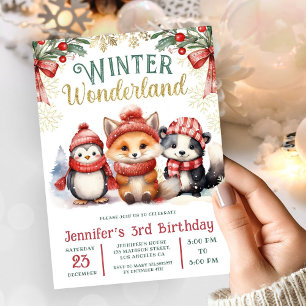 Winter Wonderland Cute Snow Animals 3rd Birthday Invitation