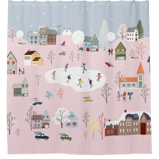Winter wonderland: cute village pattern shower curtain (Front)