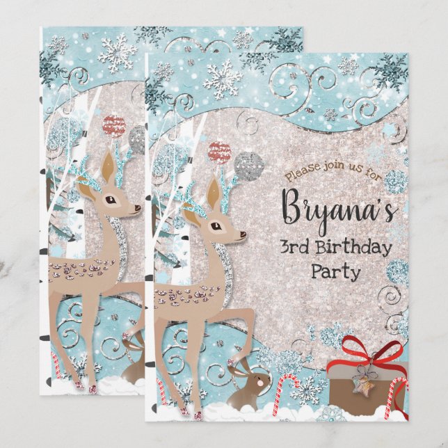 Winter Wonderland Deer Holiday Snow Birthday Party Invitation (Front/Back)