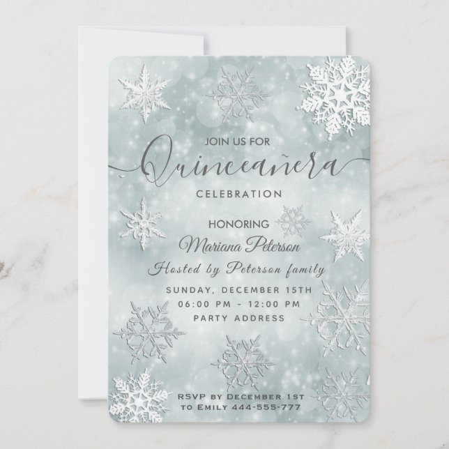 Winter wonderland dusty blue bokeh Quinceañera Invitation (Front)