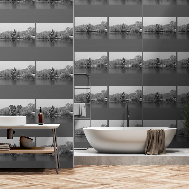 Winter Wonderland Evergreen Trees Lake Black White Wallpaper (Bathroom)