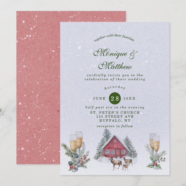 Winter Wonderland Farm House and Deer Wedding Invitation (Front/Back)