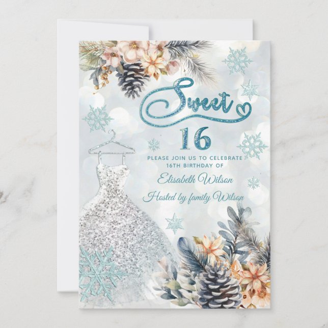Winter wonderland floral Adorable dress sweet 16 Invitation (Front)